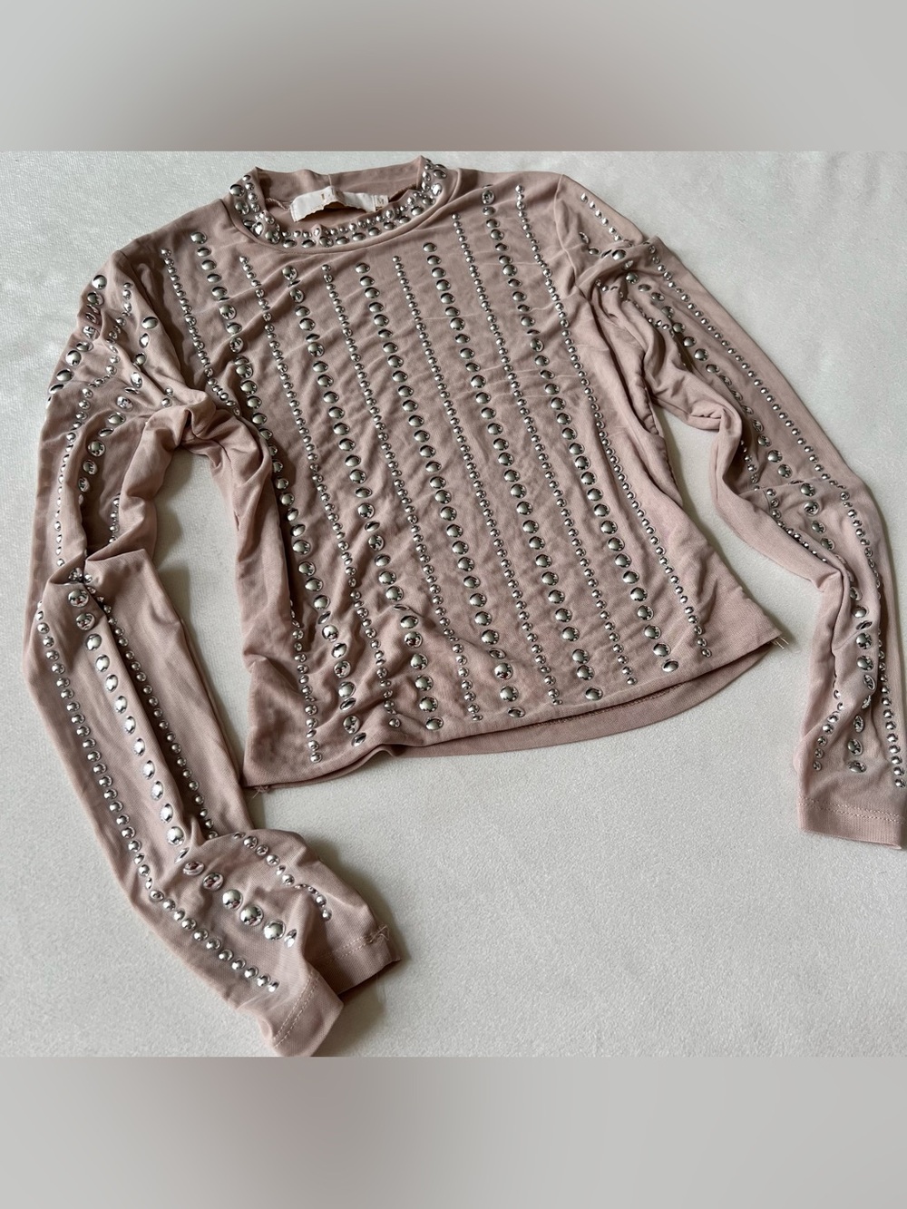 Embellished Sheer Mesh Tan Beige Blush Long-Sleeve Women's Top Silver Y2K club